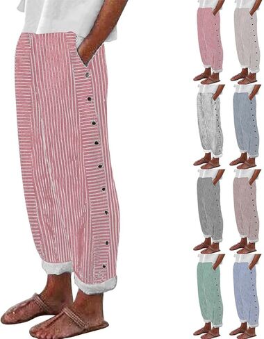 Tatumaie Women's Striped Linen Pants Casual Loose High Waist Trousers with Side Buttons Breathable Summer Pants with Pockets in Kuwait