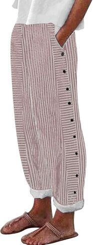 Tatumaie Women's Striped Linen Pants Casual Loose High Waist Trousers with Side Buttons Breathable Summer Pants with Pockets in Kuwait