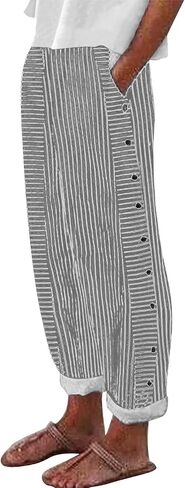 Tatumaie Women's Striped Linen Pants Casual Loose High Waist Trousers with Side Buttons Breathable Summer Pants with Pockets in Kuwait