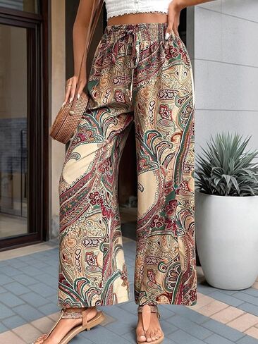Womens Palazzo Pants High Waisted Wide Leg Pants Casual Flowy Lounge Trousers Summer Beach Pants Loose Fit in Kuwait