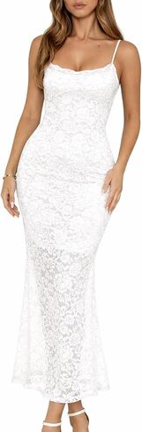 Women's Lace Long Dress Spaghetti Strap Sleeveless Slim Fit Gown with Lined Bust Sheer Hem in Saudi Arabia