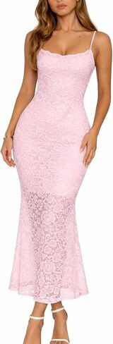 Women's Lace Long Dress Spaghetti Strap Sleeveless Slim Fit Gown with Lined Bust Sheer Hem in Saudi Arabia