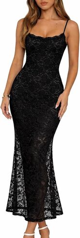 Women's Lace Long Dress Spaghetti Strap Sleeveless Slim Fit Gown with Lined Bust Sheer Hem in Saudi Arabia