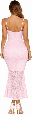 Women's Lace Long Dress Spaghetti Strap Sleeveless Slim Fit Gown with Lined Bust Sheer Hem in Saudi Arabia