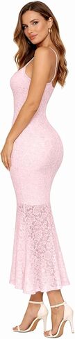 Women's Lace Long Dress Spaghetti Strap Sleeveless Slim Fit Gown with Lined Bust Sheer Hem in Saudi Arabia