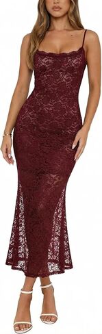 Women's Lace Long Dress Spaghetti Strap Sleeveless Slim Fit Gown with Lined Bust Sheer Hem in Saudi Arabia