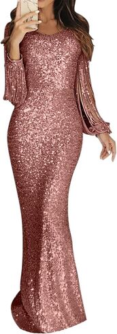 Womens Vintage Fringe Sleeve Cocktail Dresses Sequin Club Maxi Dress Night Out Mermaid Dress in Saudi Arabia