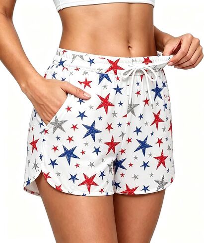 4th of July Women‘s Summer American Flag Stars Stripes Printed Red White Blue Swim Board Shorts in Kuwait