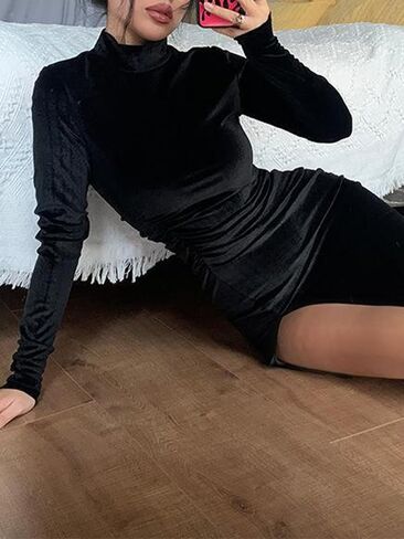 Women's Velvet High Neck Long Sleeve Bodycon Maxi Dress with Side Slit Elegant Party Dress in Kuwait
