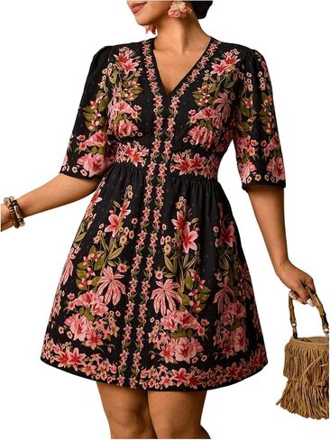 RoseSeek Women's Plus Size Floral Mini Dress V Neck 3/4 Sleeve A Line Elegant Dresses Tropical Boho Dress in Kuwait