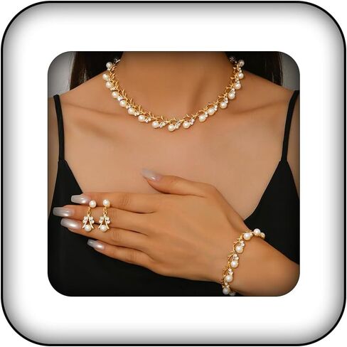 Gold Pearl Jewelry Sets for Women Rhinestone Necklace Earrings Bracelet Sets Pearl Statement Necklaces Wedding Jewelry Set for Brides in Saudi Arabia