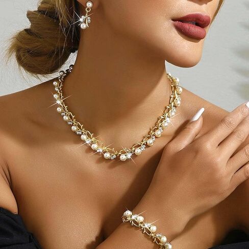 Gold Pearl Jewelry Sets for Women Rhinestone Necklace Earrings Bracelet Sets Pearl Statement Necklaces Wedding Jewelry Set for Brides in Saudi Arabia