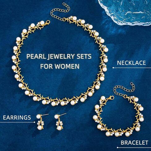 Gold Pearl Jewelry Sets for Women Rhinestone Necklace Earrings Bracelet Sets Pearl Statement Necklaces Wedding Jewelry Set for Brides in Saudi Arabia