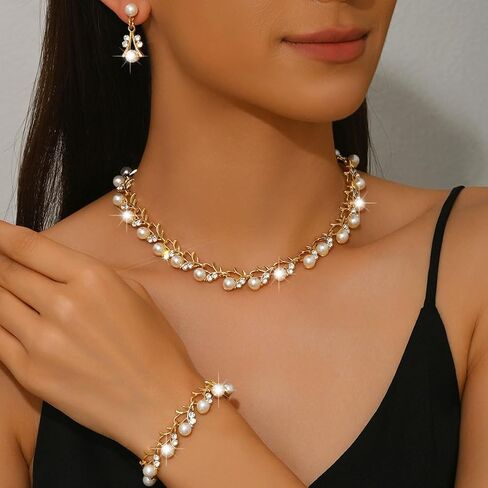 Gold Pearl Jewelry Sets for Women Rhinestone Necklace Earrings Bracelet Sets Pearl Statement Necklaces Wedding Jewelry Set for Brides in Saudi Arabia