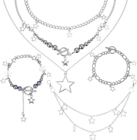 Y2k Accessories Set Stack Layered Necklace Cute Silver Star Bracelet Hip Hop Pants Chain Belt Goth Aesthetic Vintage Jewelry Set for Women in Kuwait