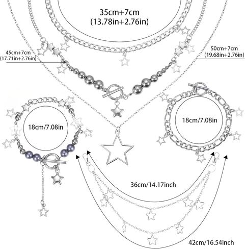 Y2k Accessories Set Stack Layered Necklace Cute Silver Star Bracelet Hip Hop Pants Chain Belt Goth Aesthetic Vintage Jewelry Set for Women in Kuwait