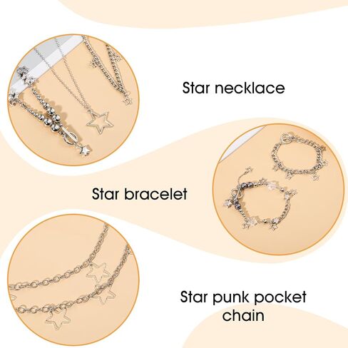 Y2k Accessories Set Stack Layered Necklace Cute Silver Star Bracelet Hip Hop Pants Chain Belt Goth Aesthetic Vintage Jewelry Set for Women in Kuwait
