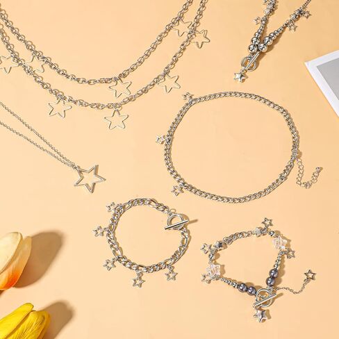 Y2k Accessories Set Stack Layered Necklace Cute Silver Star Bracelet Hip Hop Pants Chain Belt Goth Aesthetic Vintage Jewelry Set for Women in Kuwait