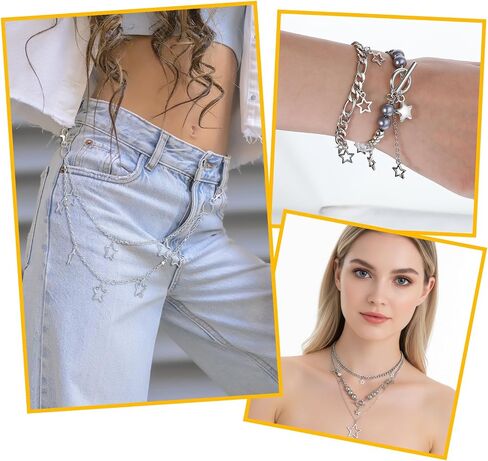 Y2k Accessories Set Stack Layered Necklace Cute Silver Star Bracelet Hip Hop Pants Chain Belt Goth Aesthetic Vintage Jewelry Set for Women in Kuwait