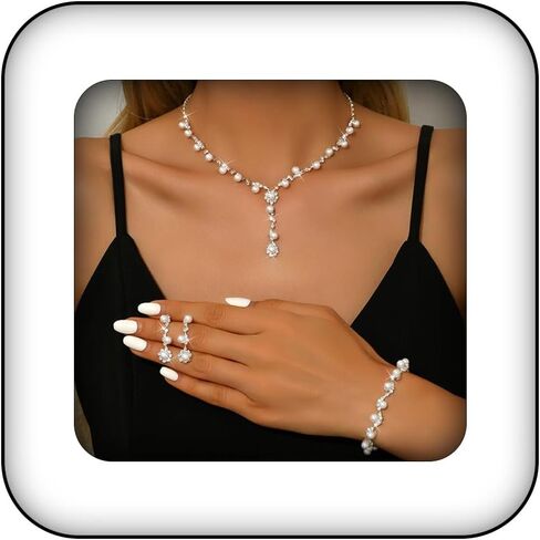 Wedding Jewelry Sets for Women Pearl Necklace Earrings Bracelet Set Silver Rhinestone Necklaces Statement Bridal Jewelry Prom Costume Jewelry Set in Saudi Arabia