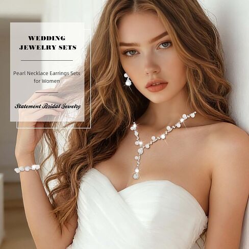 Wedding Jewelry Sets for Women Pearl Necklace Earrings Bracelet Set Silver Rhinestone Necklaces Statement Bridal Jewelry Prom Costume Jewelry Set in Saudi Arabia