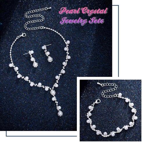 Wedding Jewelry Sets for Women Pearl Necklace Earrings Bracelet Set Silver Rhinestone Necklaces Statement Bridal Jewelry Prom Costume Jewelry Set in Saudi Arabia