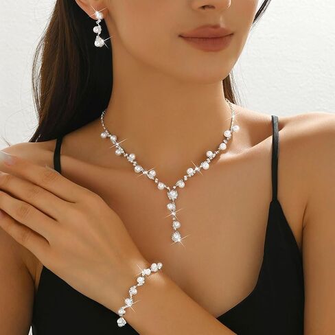 Wedding Jewelry Sets for Women Pearl Necklace Earrings Bracelet Set Silver Rhinestone Necklaces Statement Bridal Jewelry Prom Costume Jewelry Set in Saudi Arabia