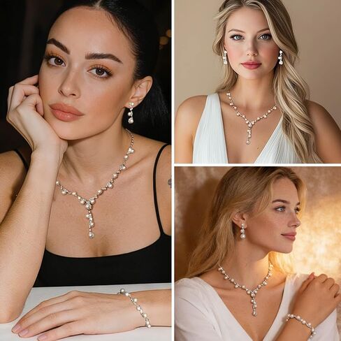 Wedding Jewelry Sets for Women Pearl Necklace Earrings Bracelet Set Silver Rhinestone Necklaces Statement Bridal Jewelry Prom Costume Jewelry Set in Saudi Arabia