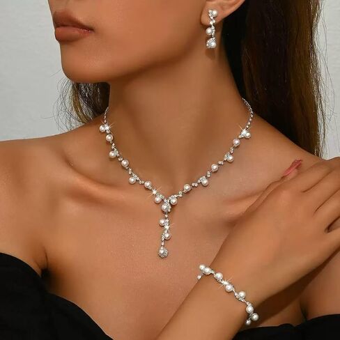 Wedding Jewelry Sets for Women Pearl Necklace Earrings Bracelet Set Silver Rhinestone Necklaces Statement Bridal Jewelry Prom Costume Jewelry Set in Saudi Arabia