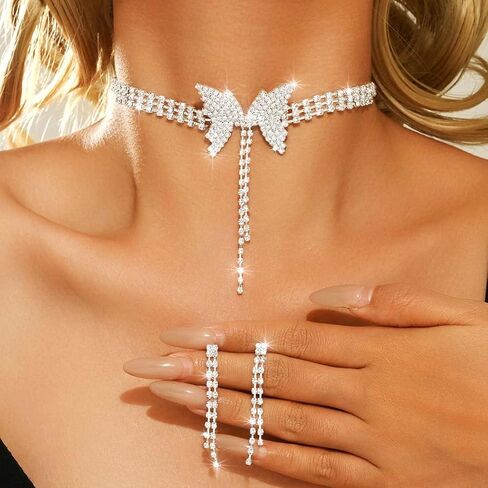 Yean Butterfly Choker Necklace and Earring Silver Bridal Jewelry Set Rhinestone Prom Jewerly for Women in Saudi Arabia