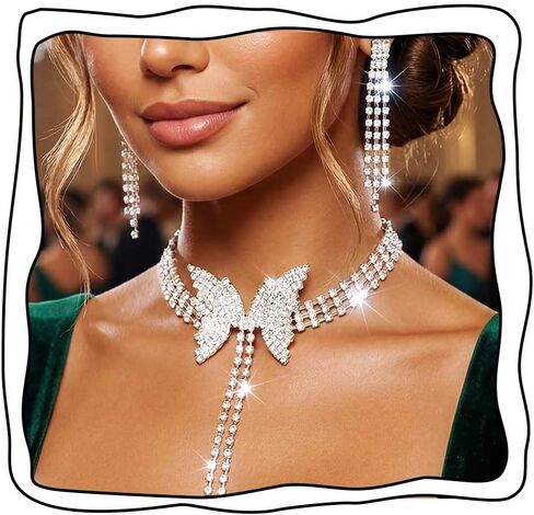 Yean Butterfly Choker Necklace and Earring Silver Bridal Jewelry Set Rhinestone Prom Jewerly for Women in Saudi Arabia