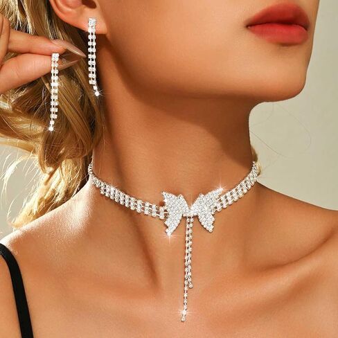Yean Butterfly Choker Necklace and Earring Silver Bridal Jewelry Set Rhinestone Prom Jewerly for Women in Saudi Arabia
