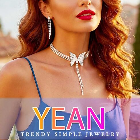 Yean Butterfly Choker Necklace and Earring Silver Bridal Jewelry Set Rhinestone Prom Jewerly for Women in Saudi Arabia