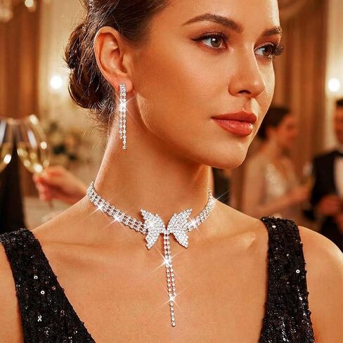 Yean Butterfly Choker Necklace and Earring Silver Bridal Jewelry Set Rhinestone Prom Jewerly for Women in Saudi Arabia