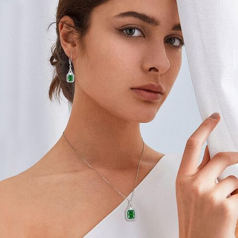 Emerald Cut Jewelry Set 925 Sterling Silver May Birthstone Emerald Necklace Earrings Halo Jewelry Gifts for Women in Saudi Arabia