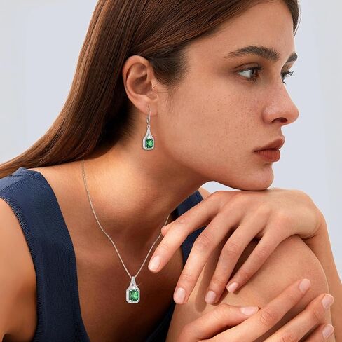 Emerald Cut Jewelry Set 925 Sterling Silver May Birthstone Emerald Necklace Earrings Halo Jewelry Gifts for Women in Saudi Arabia