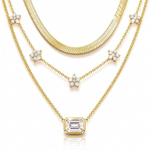 Layered Gold Necklaces for Women, 14K Gold Plated Stacking Necklace Set, Herringbone Choker Chain, Flower Station Chain, Cable Chain with CZ Diamond, Trendy Minimalist Jewelry Gift in Saudi Arabia