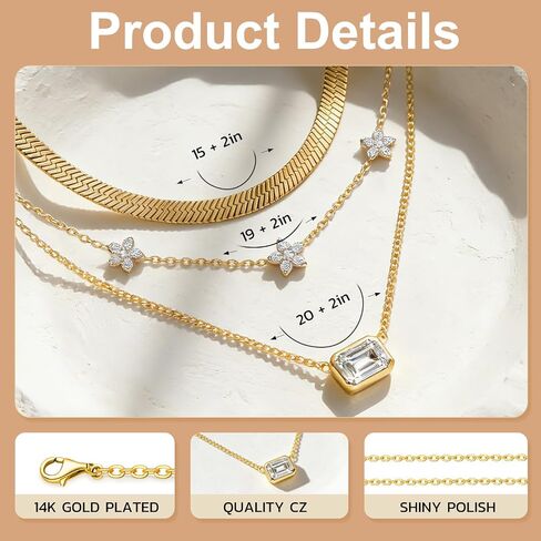 Layered Gold Necklaces for Women, 14K Gold Plated Stacking Necklace Set, Herringbone Choker Chain, Flower Station Chain, Cable Chain with CZ Diamond, Trendy Minimalist Jewelry Gift in Saudi Arabia