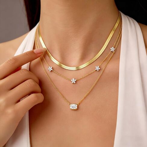 Layered Gold Necklaces for Women, 14K Gold Plated Stacking Necklace Set, Herringbone Choker Chain, Flower Station Chain, Cable Chain with CZ Diamond, Trendy Minimalist Jewelry Gift in Saudi Arabia