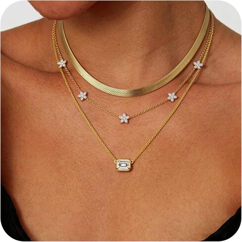 Layered Gold Necklaces for Women, 14K Gold Plated Stacking Necklace Set, Herringbone Choker Chain, Flower Station Chain, Cable Chain with CZ Diamond, Trendy Minimalist Jewelry Gift in Saudi Arabia