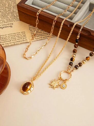 Gold Layered Necklace Sets for Women, 3PCS Tiger Eye Beaded Chain Necklaces with Sun Charm Oval Pendant western Y2K Vintage Boho Stacking Statement Trendy Jewelry Gift in Saudi Arabia