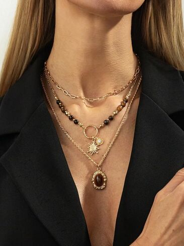 Gold Layered Necklace Sets for Women, 3PCS Tiger Eye Beaded Chain Necklaces with Sun Charm Oval Pendant western Y2K Vintage Boho Stacking Statement Trendy Jewelry Gift in Saudi Arabia