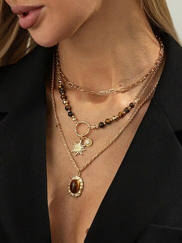 Gold Layered Necklace Sets for Women, 3PCS Tiger Eye Beaded Chain Necklaces with Sun Charm Oval Pendant western Y2K Vintage Boho Stacking Statement Trendy Jewelry Gift in Saudi Arabia