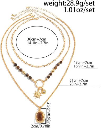 Gold Layered Necklace Sets for Women, 3PCS Tiger Eye Beaded Chain Necklaces with Sun Charm Oval Pendant western Y2K Vintage Boho Stacking Statement Trendy Jewelry Gift in Saudi Arabia