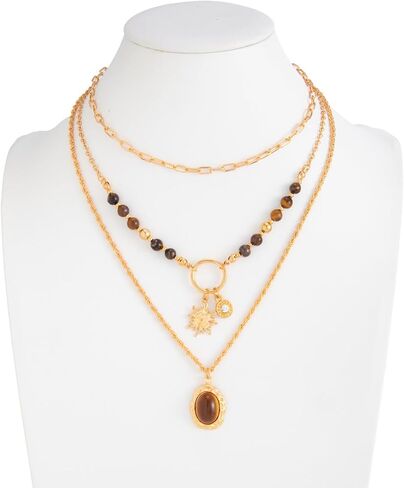 Gold Layered Necklace Sets for Women, 3PCS Tiger Eye Beaded Chain Necklaces with Sun Charm Oval Pendant western Y2K Vintage Boho Stacking Statement Trendy Jewelry Gift in Saudi Arabia