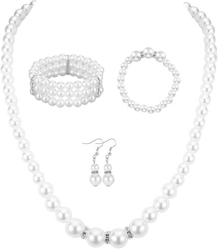 Faux Pearl Jewelry Set for Women: Pearl Necklace and Earring Set, Choker Necklace for Women, Earrings, Bracelet Set (for Ladies) in Kuwait