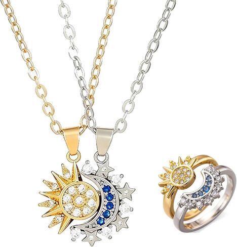 4Pcs Sun and Moon Necklace Set,Sun and Moon Necklace with Sun and Moon Rings, Adjustable Matching Necklace and Ring Set, Gift for Couples and Best Friends in Saudi Arabia