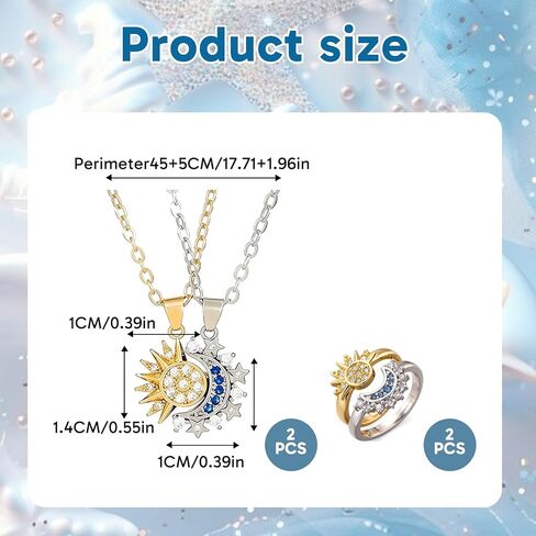 4Pcs Sun and Moon Necklace Set,Sun and Moon Necklace with Sun and Moon Rings, Adjustable Matching Necklace and Ring Set, Gift for Couples and Best Friends in Saudi Arabia