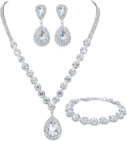 Bridal Jewelry Set for Wedding,Silver Rhinestone Bridal Necklace Earrings Bracelet Set for Women Brides Bridesmaids Teardrop Design for Valentines Day Anniversary Birthday in Saudi Arabia