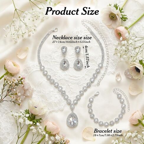 Bridal Jewelry Set for Wedding,Silver Rhinestone Bridal Necklace Earrings Bracelet Set for Women Brides Bridesmaids Teardrop Design for Valentines Day Anniversary Birthday in Saudi Arabia